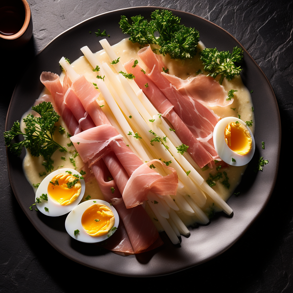 White asparagus with ham and egg